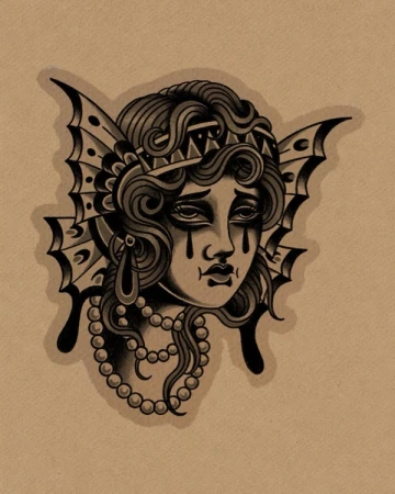 Front-facing traditional lady with a bat-wing headdress and pearl necklaces. Original drawing isolated on warm paper.