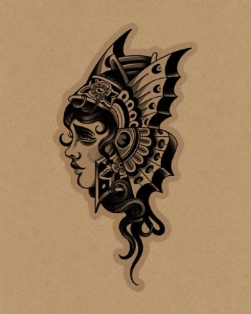 Traditional lady in profile with a winged headdress and curled black hair. Original drawing isolated on warm paper.