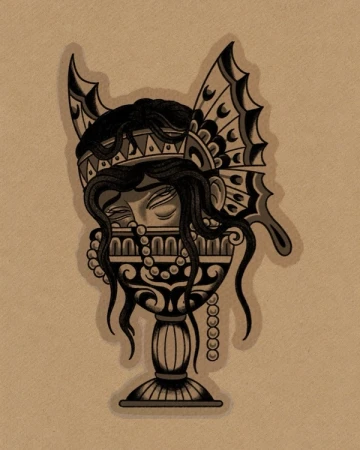 Traditional lady-head chalice with bat wings, pearls and a black ornamental base. Original drawing isolated on warm paper.