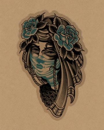 Traditional lady wearing a turquoise veil and roses in her hair. Original drawing isolated on warm paper.