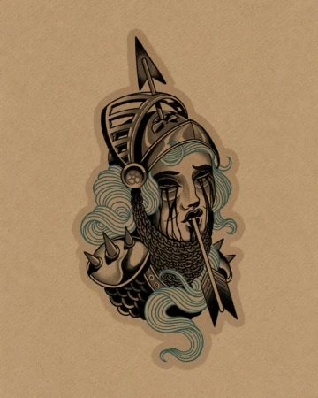 Traditional lady with a crested helmet, an arrow and flowing turquoise hair. Original drawing isolated on warm paper.