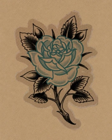 Turquoise traditional rose with black leaves and a curved stem. Original drawing isolated on warm paper.