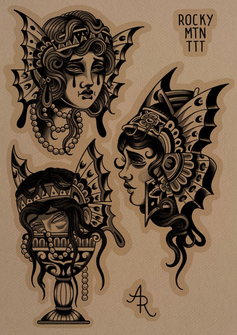 Three black and grey traditional lady-head designs with bat-wing headdresses, beads and an ornamental goblet on tan paper.