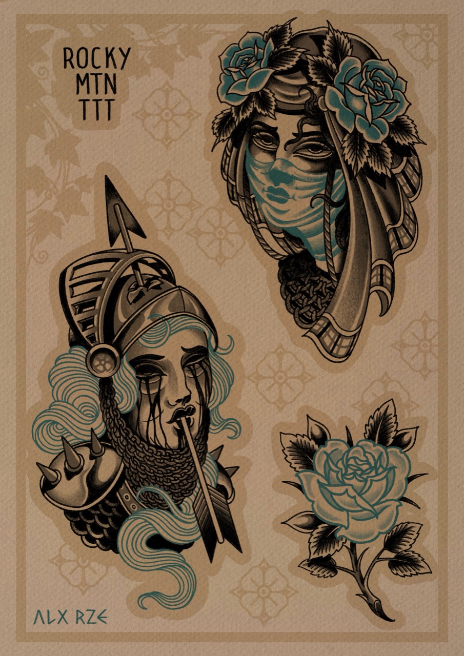 Traditional flash sheet with two lady heads, flowing turquoise hair and fabric, and a turquoise rose on tan paper.