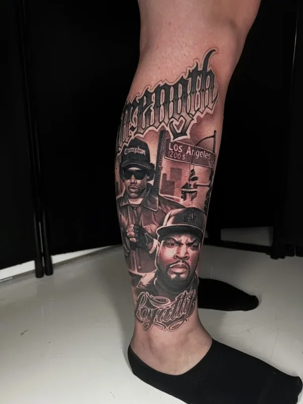 Compton hip-hop portraits leg. Tattoo by Alex Roze.
