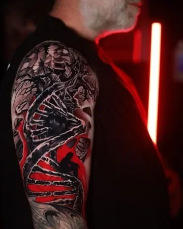 DNA double helix, red and black. Tattoo by Alex Roze.