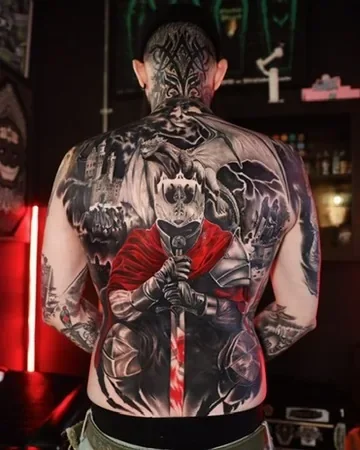 Knight full back piece. Tattoo by Alex Roze.