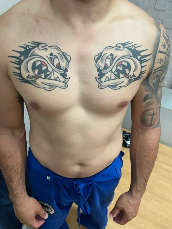 Mirrored angry duck faces across the chest. Tattoo by Alex Roze.