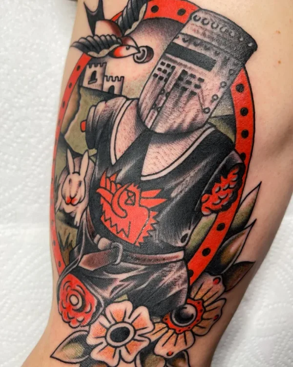 Plague knight with castle and rabbit. Tattoo by Alex Roze.