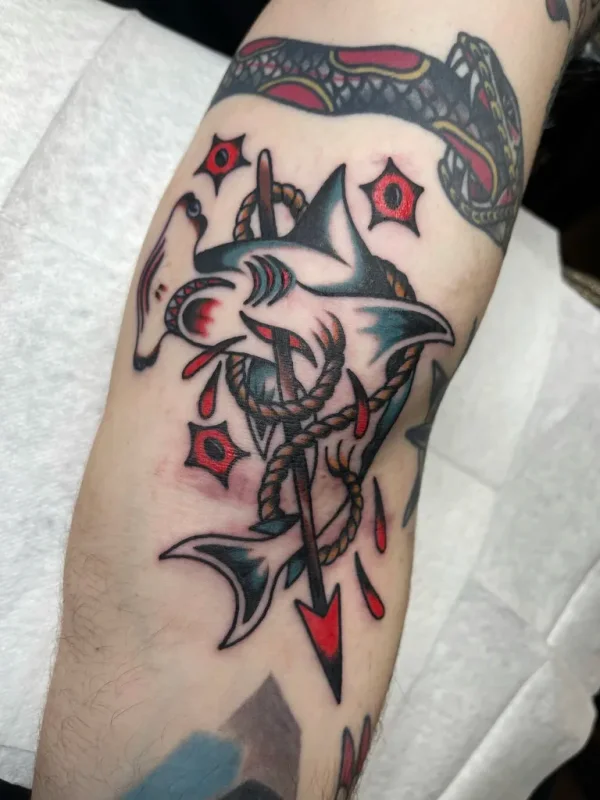Shark with anchor and rope. Tattoo by Alex Roze.